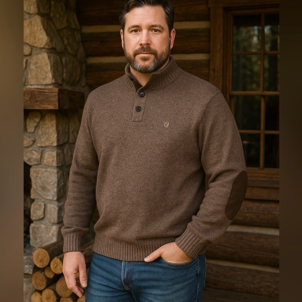 Chaps Men's Brown Sweater with Elbow Patches, size XL Henley 100% cotton preppy